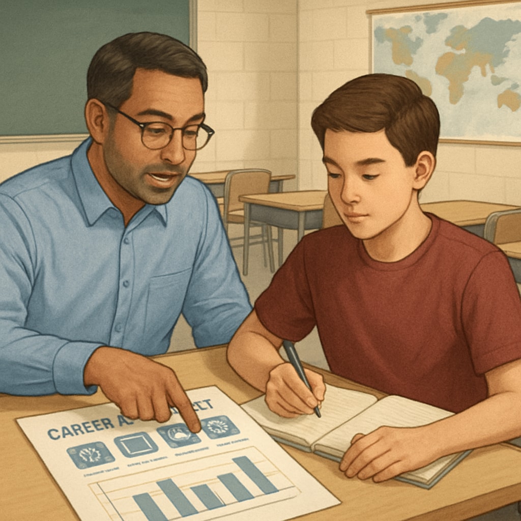 Mentor helping student with STEM career test