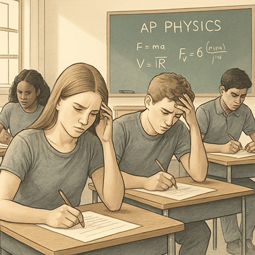 Students taking an AP Physics exam, highlighting the stress of the scoring process.