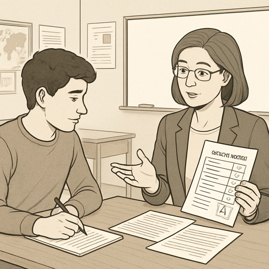 A student discussing AP Physics C exam results with a teacher.
