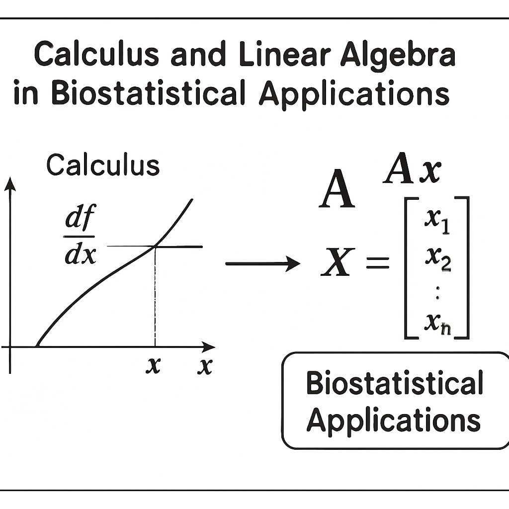 Graphical representation of how Calculus II and Linear Algebra concepts overlap in biostatistics.