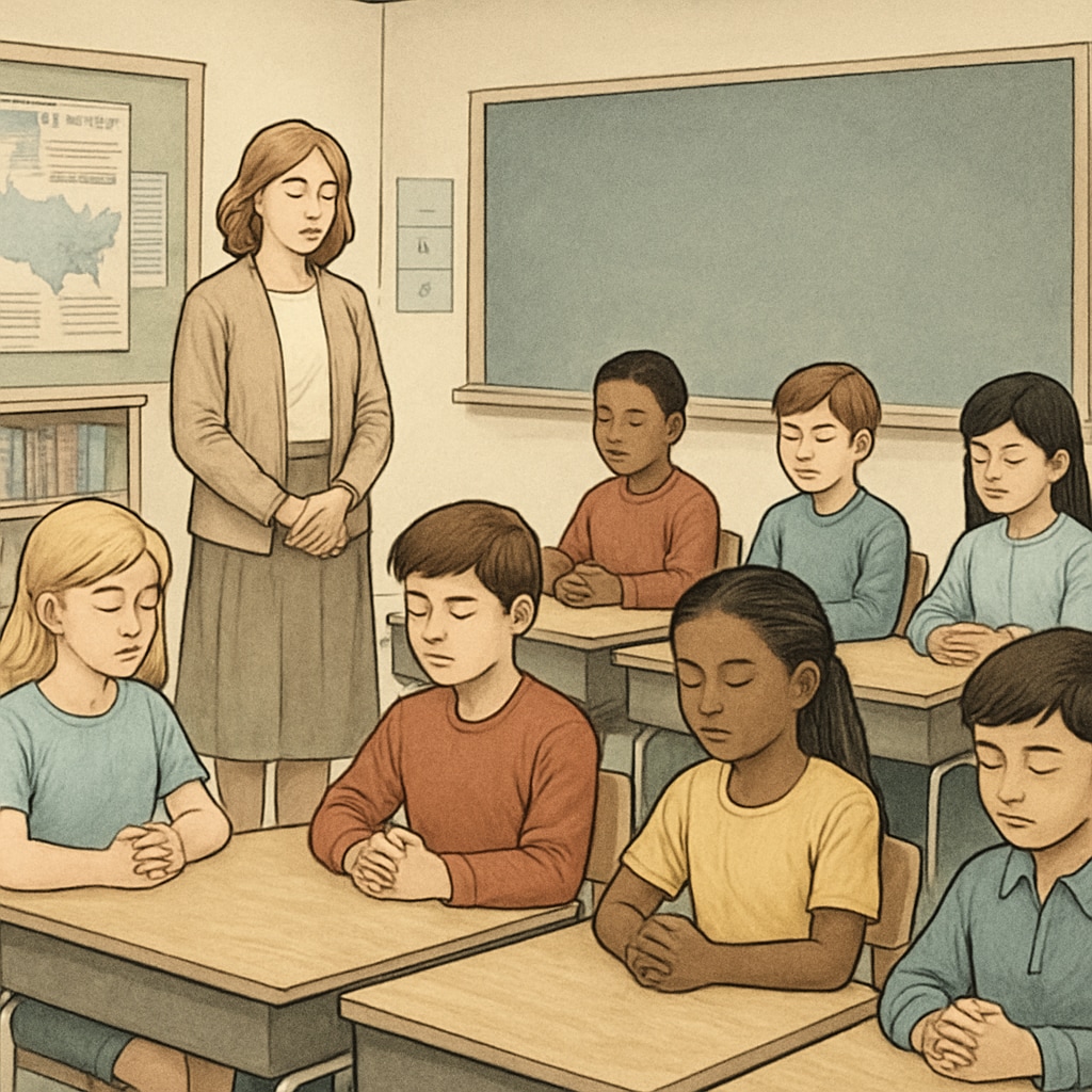 Students gathered in a classroom, observing a moment of silence. This image represents the neutral approach schools often take in addressing global conflicts. Students observing a moment of silence for global conflict victims, emphasizing neutrality.