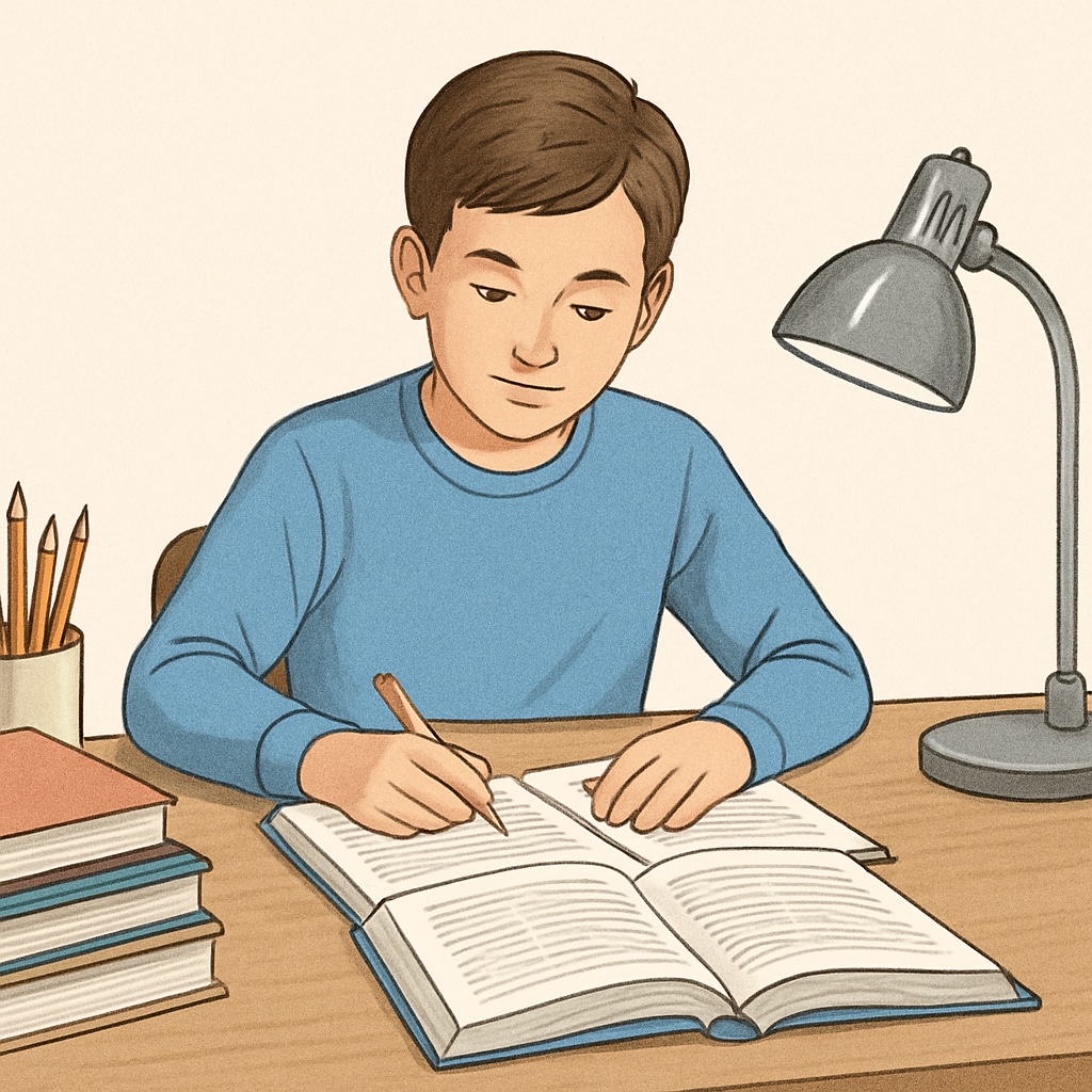 A conceptual image of a young student reading and taking notes, symbolizing effective study habits. Student studying with notes, representing study methods and strategies.