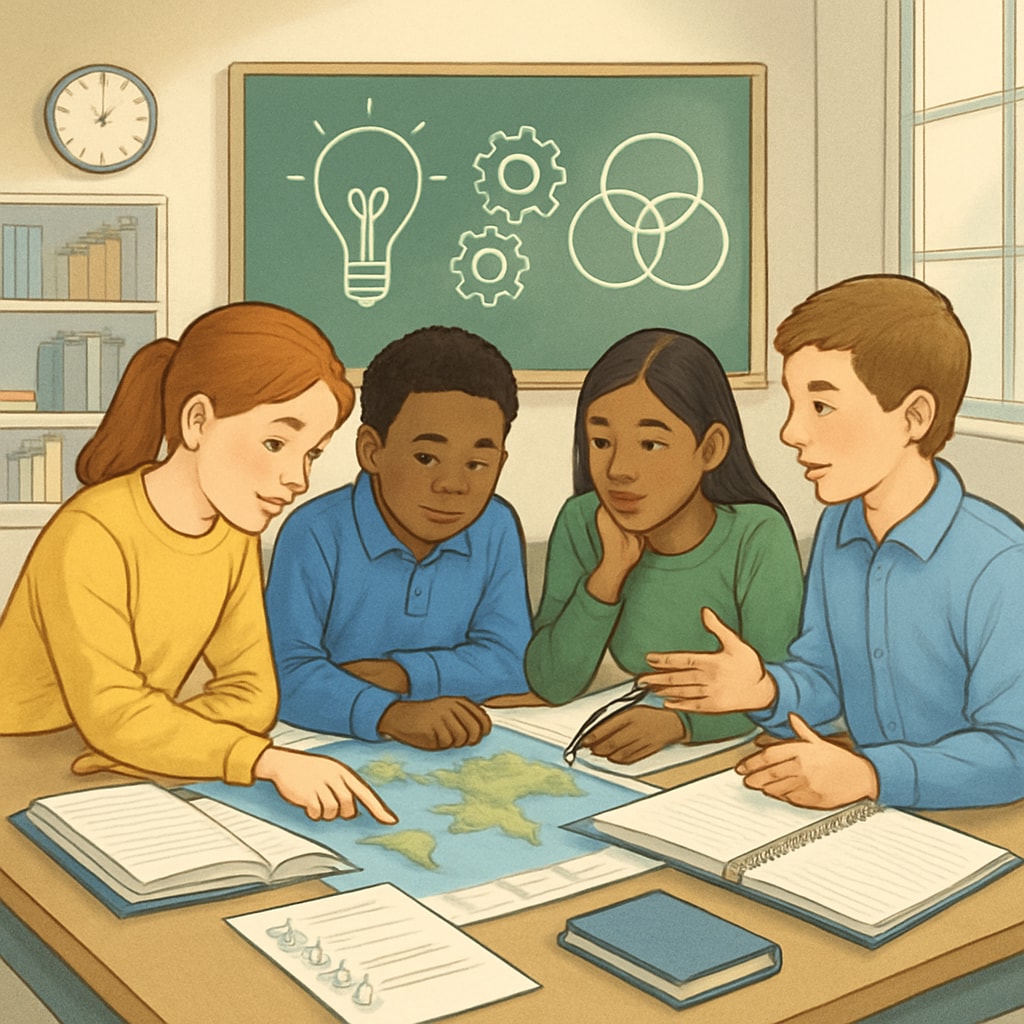 Students collaborating in a classroom setting, representing teamwork and critical thinking development. Students working together, demonstrating character and critical thinking development.