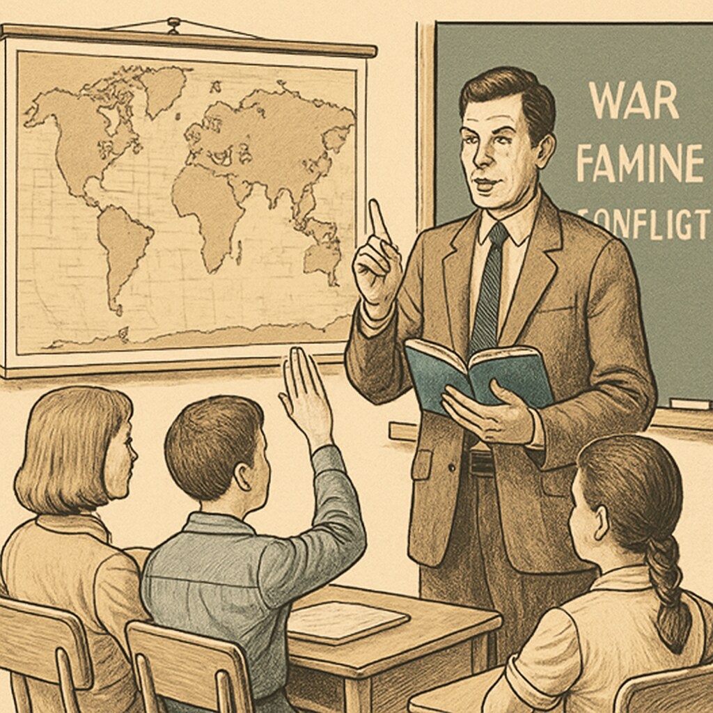 A teacher discussing global conflicts with students, emphasizing critical thinking and awareness. The image highlights the importance of addressing specific issues in education. Teacher engaging students in discussions about global conflicts, fostering awareness.