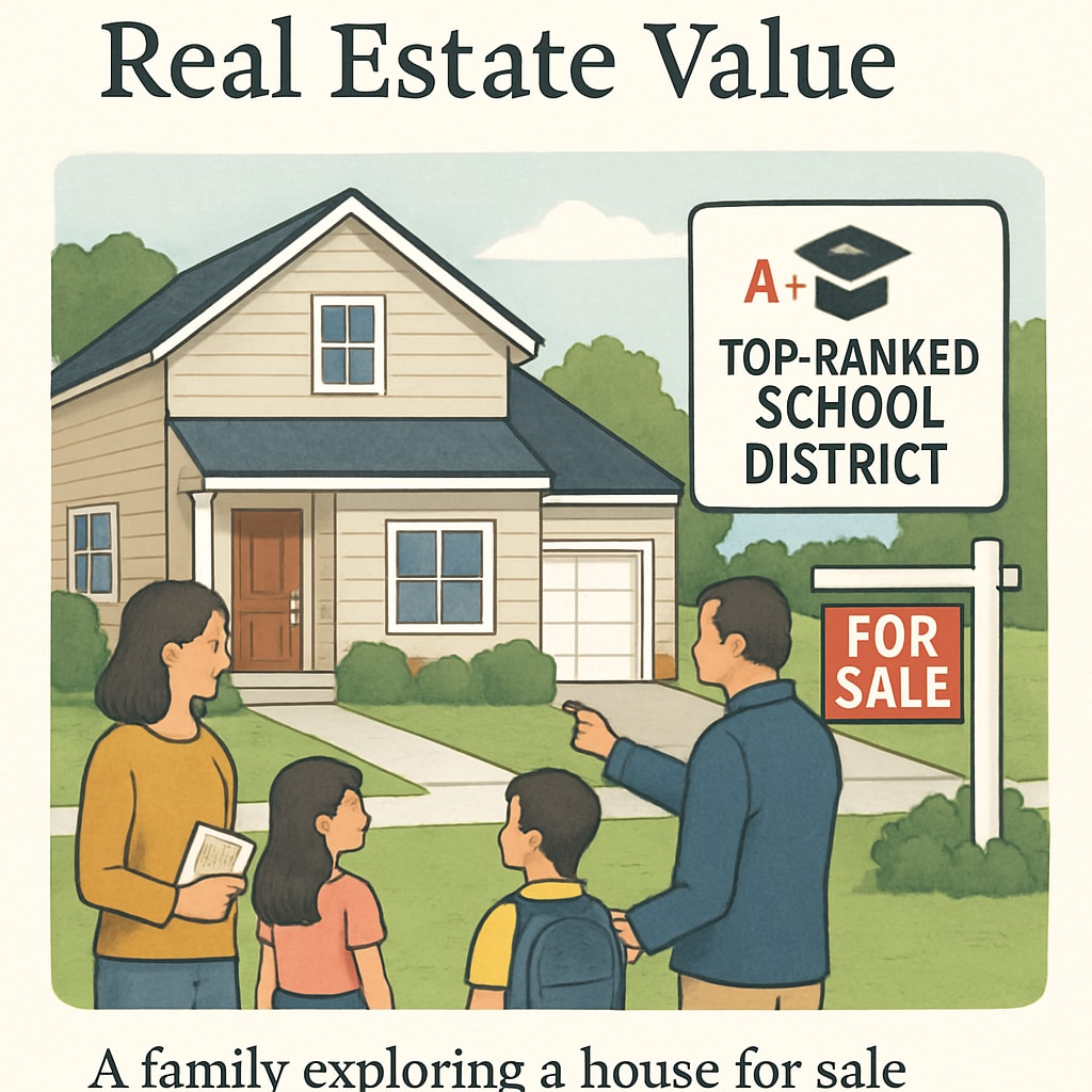 A family touring a house for sale in a top-ranked school district, highlighting the real estate impact of education quality. Family considering a home purchase in a high-ranking school district.