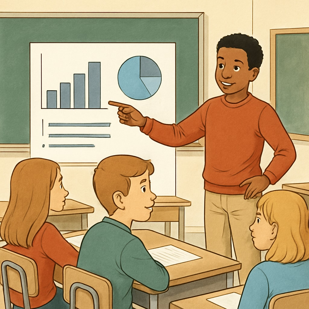 A student presenting their findings during a classroom discussion, showcasing critical thinking skills. Student presenting ideas, illustrating critical thinking fostered by K12 education.