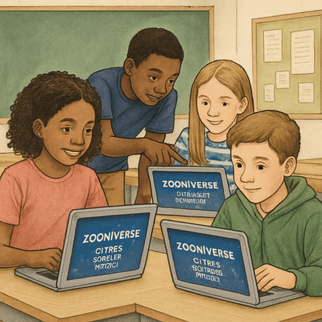 A group of diverse K12 students working together on laptops, participating in a Zooniverse citizen science project. K12 students on laptops engaging in a Zooniverse citizen science project.