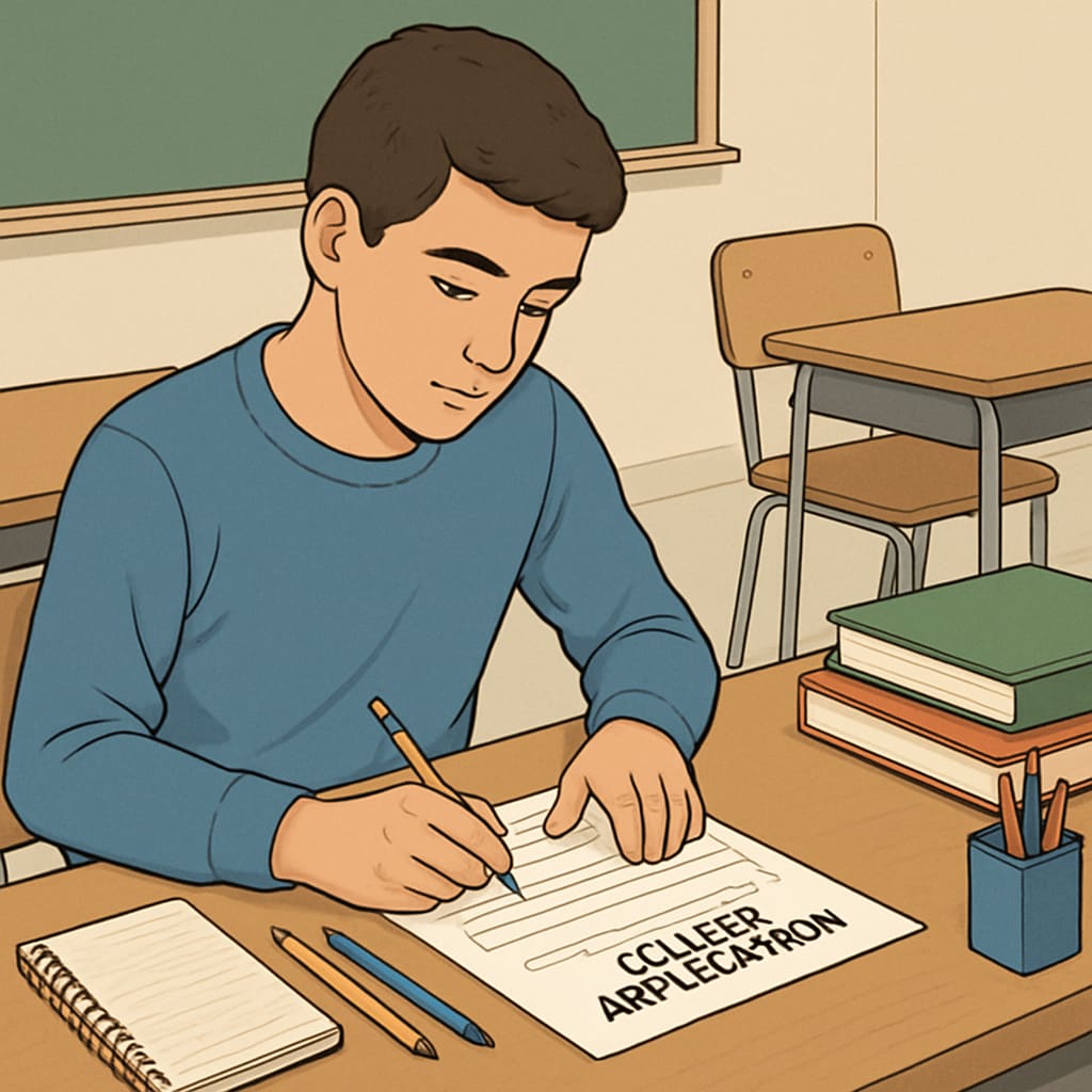 A student sitting at a desk, focused on filling out a college application form. Student filling out a college application form, emphasizing integrity.