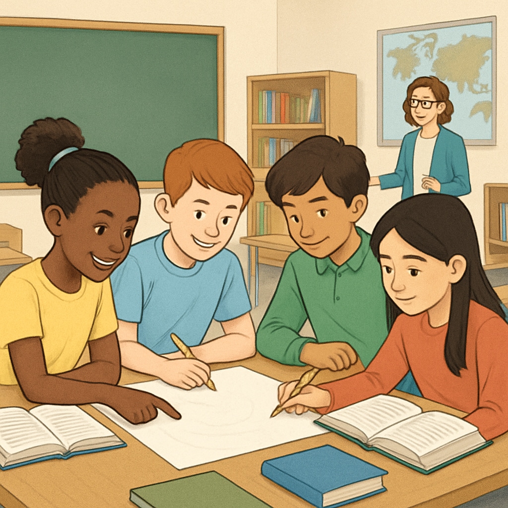 A classroom of students working on a collaborative project, illustrating holistic learning and the limitations of traditional scoring systems.