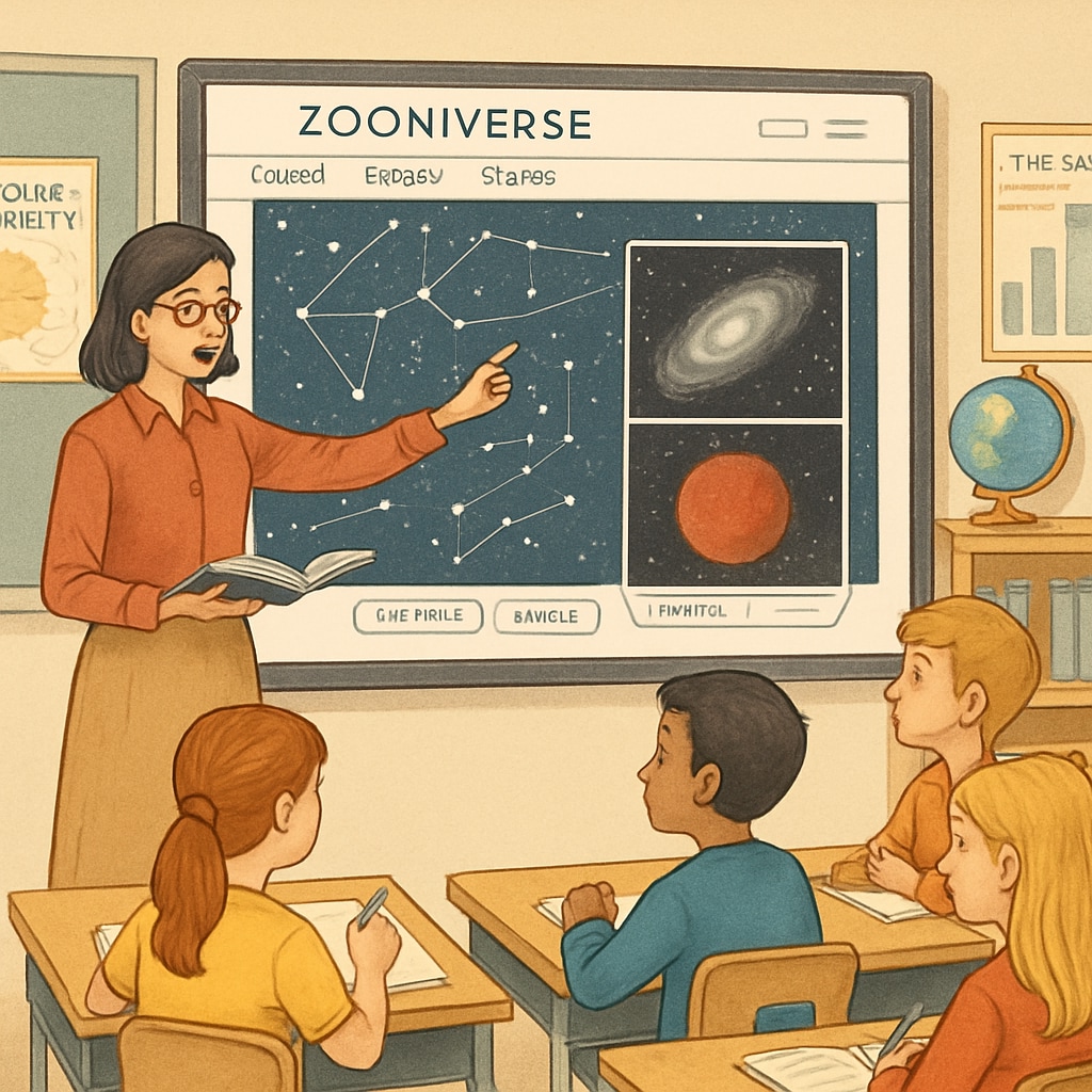 A teacher guiding students through a Zooniverse astronomy project on a classroom smartboard. Teacher showing students an astronomy project on Zooniverse in class.