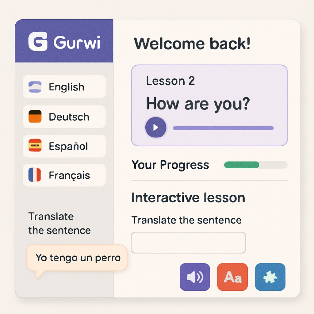 Gurwi app interface demonstrating interactive learning and multilingual features.