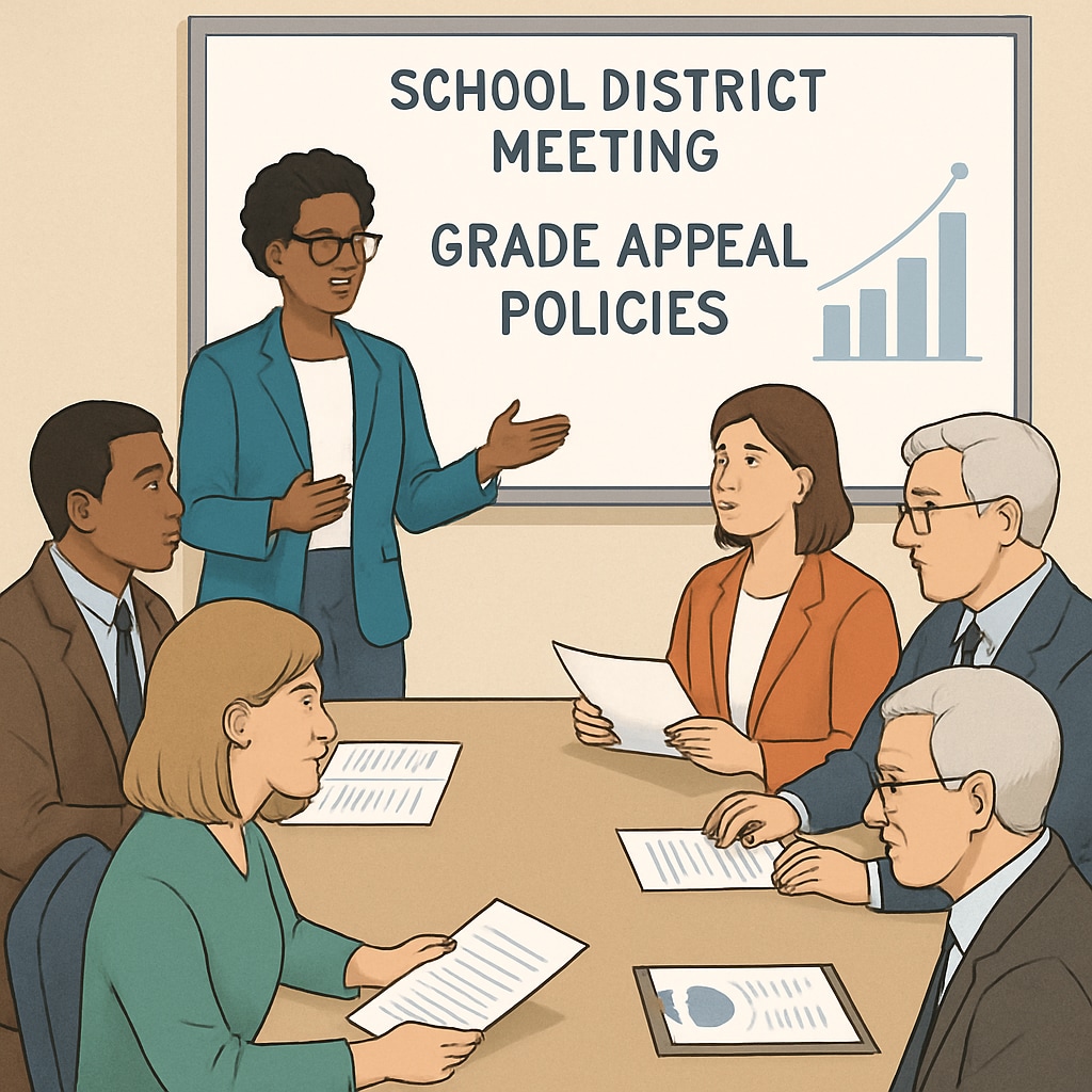 School district meeting focused on grade appeal policies, with limited student input.