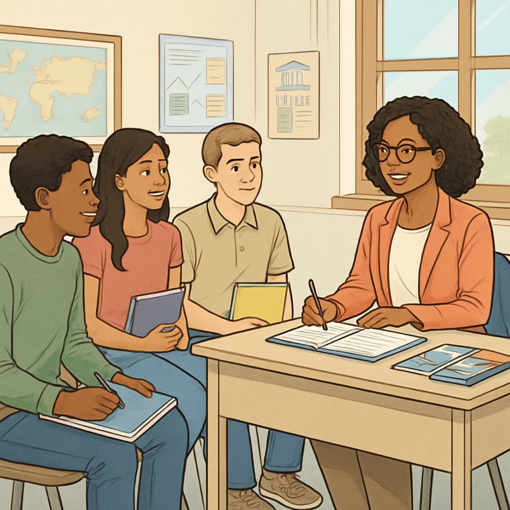 A group of high school freshmen discussing their future college plans with a guidance counselor. High school freshmen talking to a counselor about university applications and challenges.