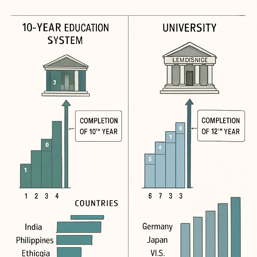 A visual comparison of 10-year and 12-year education systems, emphasizing the differences in university qualification paths across countries. A comparison chart showing 10-year vs 12-year education systems and their impact on university admissions.