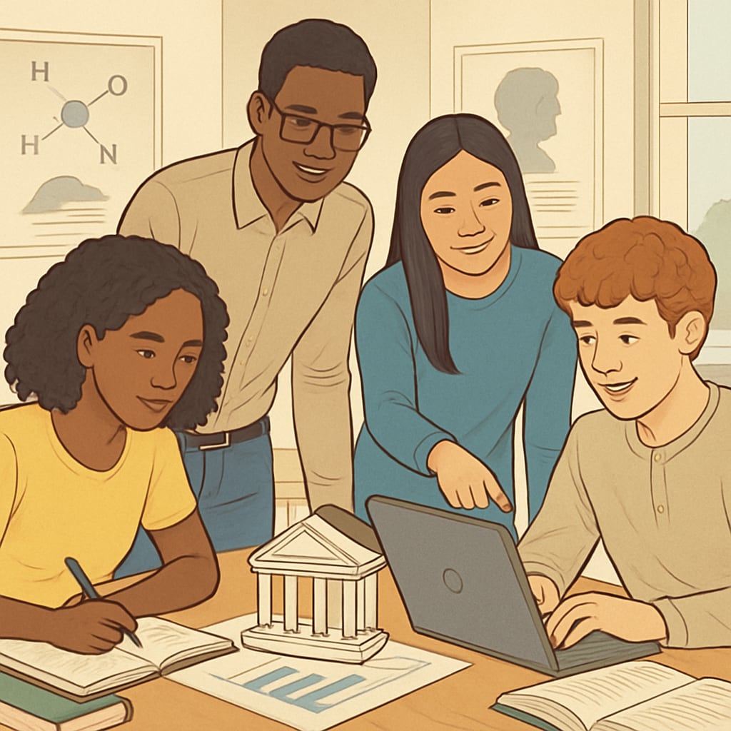 A diverse group of high school students collaborating on a project, symbolizing the integration of STEM and humanities education. High school students collaborating on STEM and humanities integration.