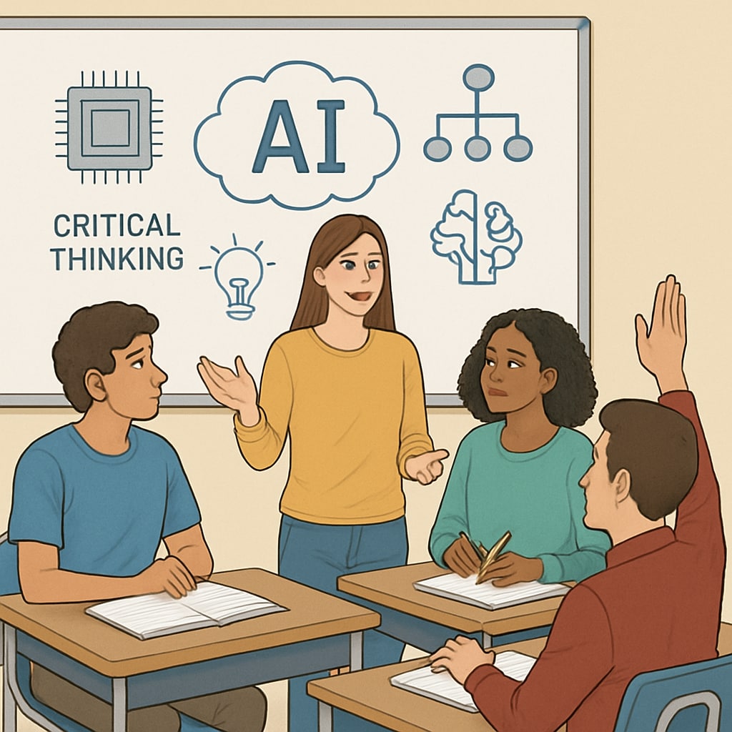 A group of students engaged in a classroom discussion, with a whiteboard showing AI-related concepts. The photo highlights the interaction between critical thinking and technology in education. Students discussing AI concepts in class to balance ChatGPT's role with critical thinking.