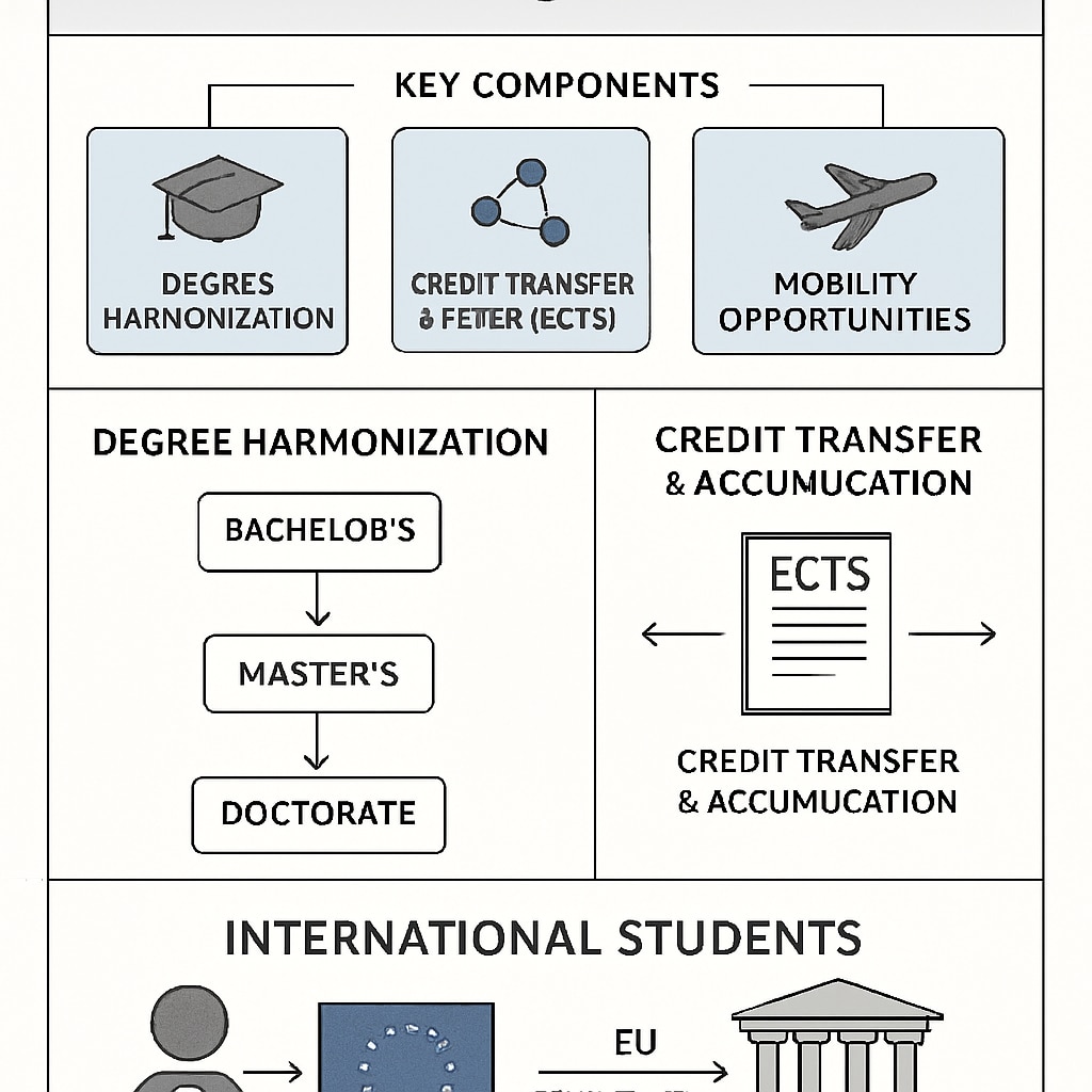 An infographic explaining the Bologna Process and its implications for international students applying to EU universities. Infographic about the Bologna Process and its role in standardizing EU university entry requirements.