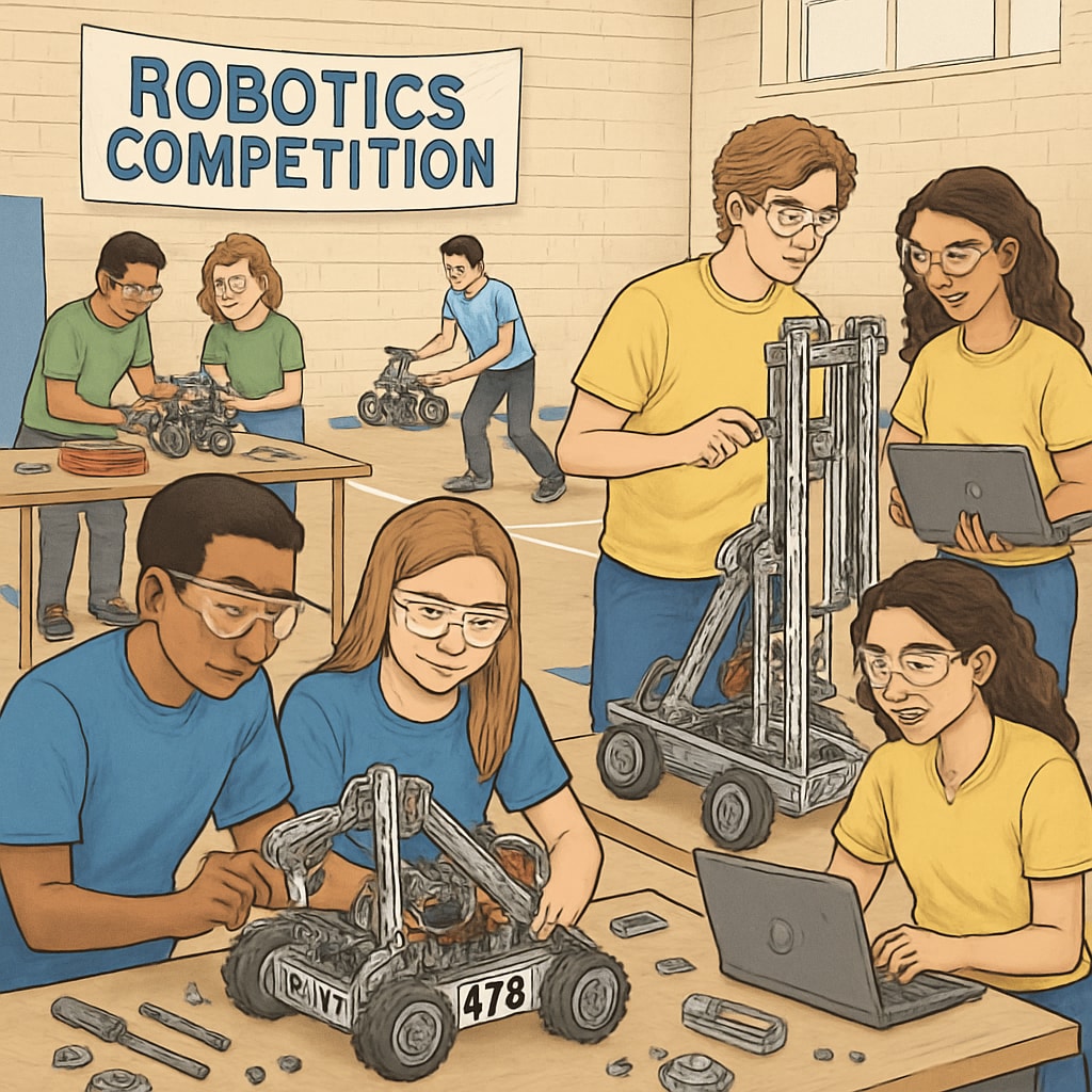 A high school robotics competition showcasing students applying STEM principles to solve complex challenges. High school robotics competition highlighting STEM education in action.