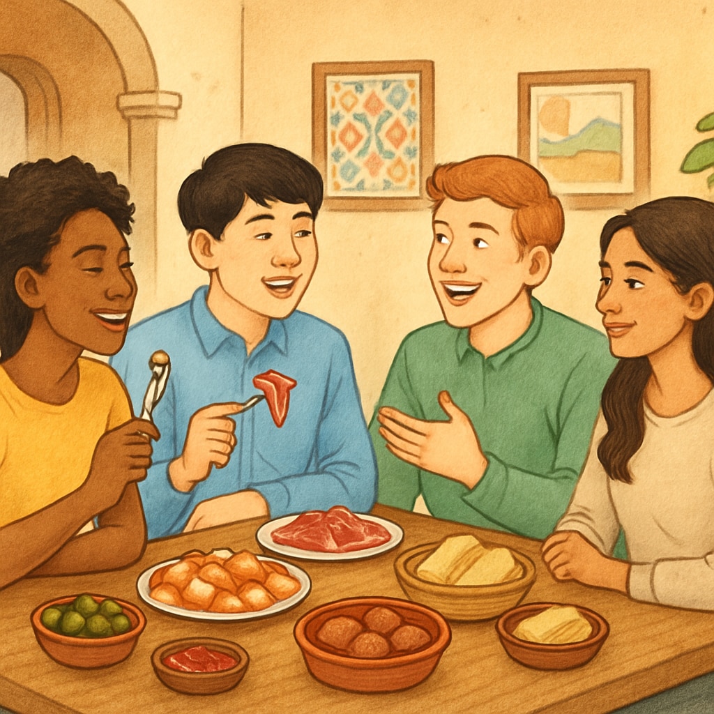 International students enjoying tapas in Spain, reflecting cultural adaptation.