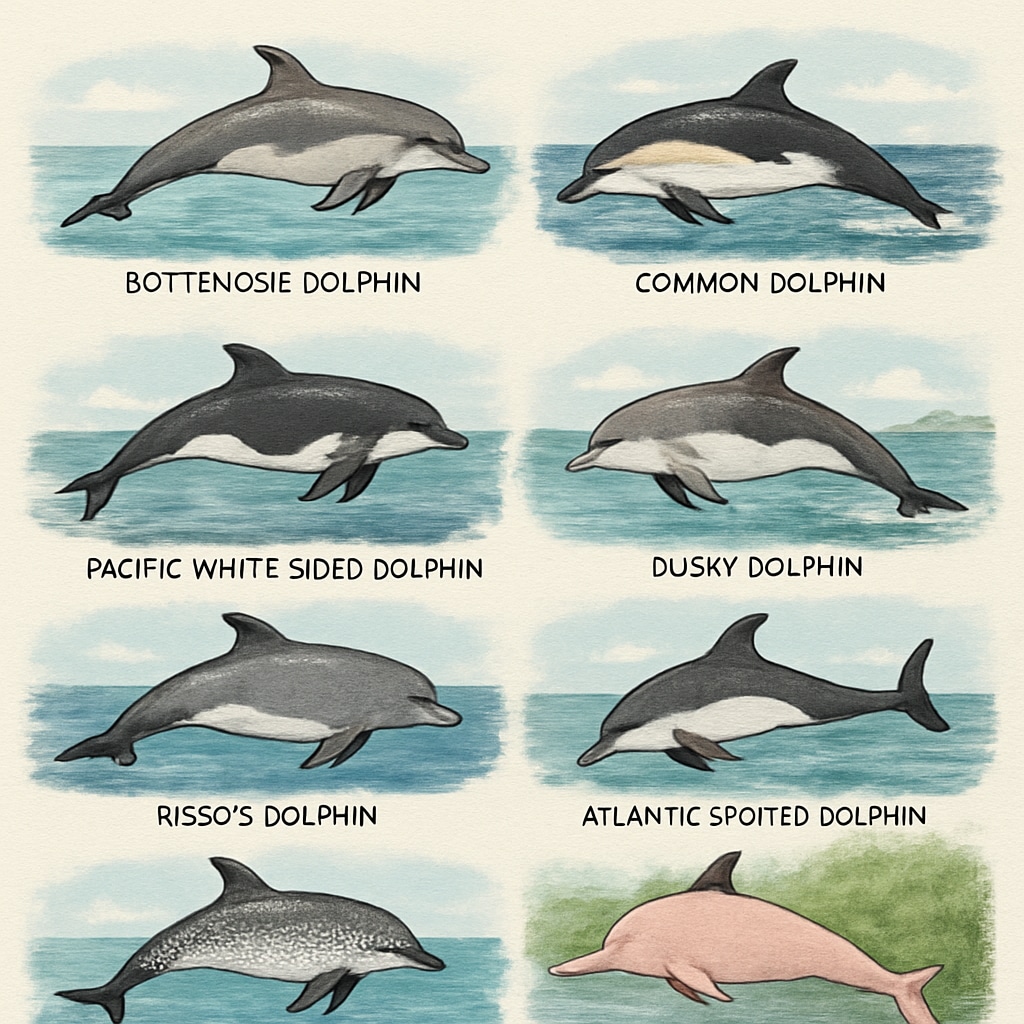 Illustration of dolphin species showing their habitats and physical traits.