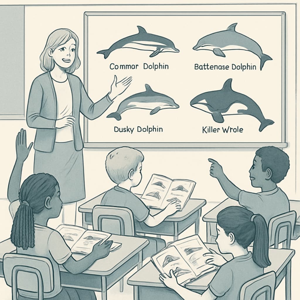Children learning about dolphin species in a classroom activity.