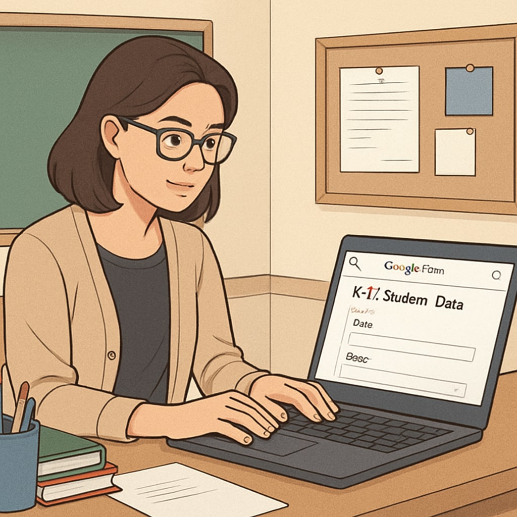 A teacher creating a Google Form survey on a laptop to collect K12 student data. Google Forms survey creation for K12 education research and data collection.