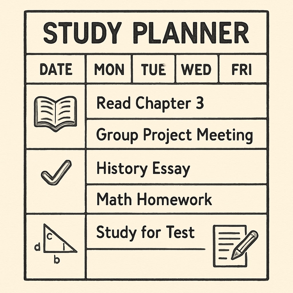 A detailed study planner with tasks and deadlines clearly listed, symbolizing effective time management. Study planner for effective time management in physics exam preparation