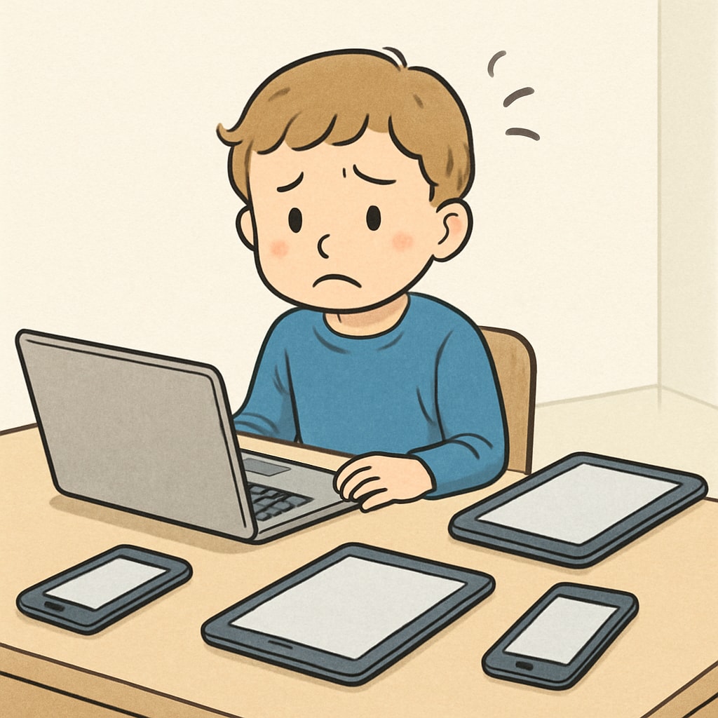A young child surrounded by multiple digital devices, such as tablets and smartphones, appearing overwhelmed by the technology. Child surrounded by digital devices illustrating technology addiction and its impact on children’s education and mental health.