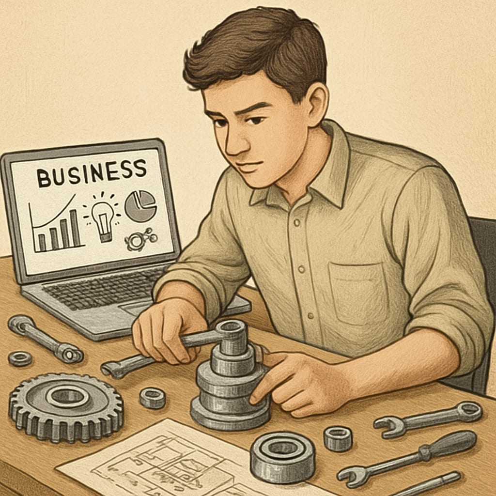 Mechanical engineering student balancing business studies with technical work.