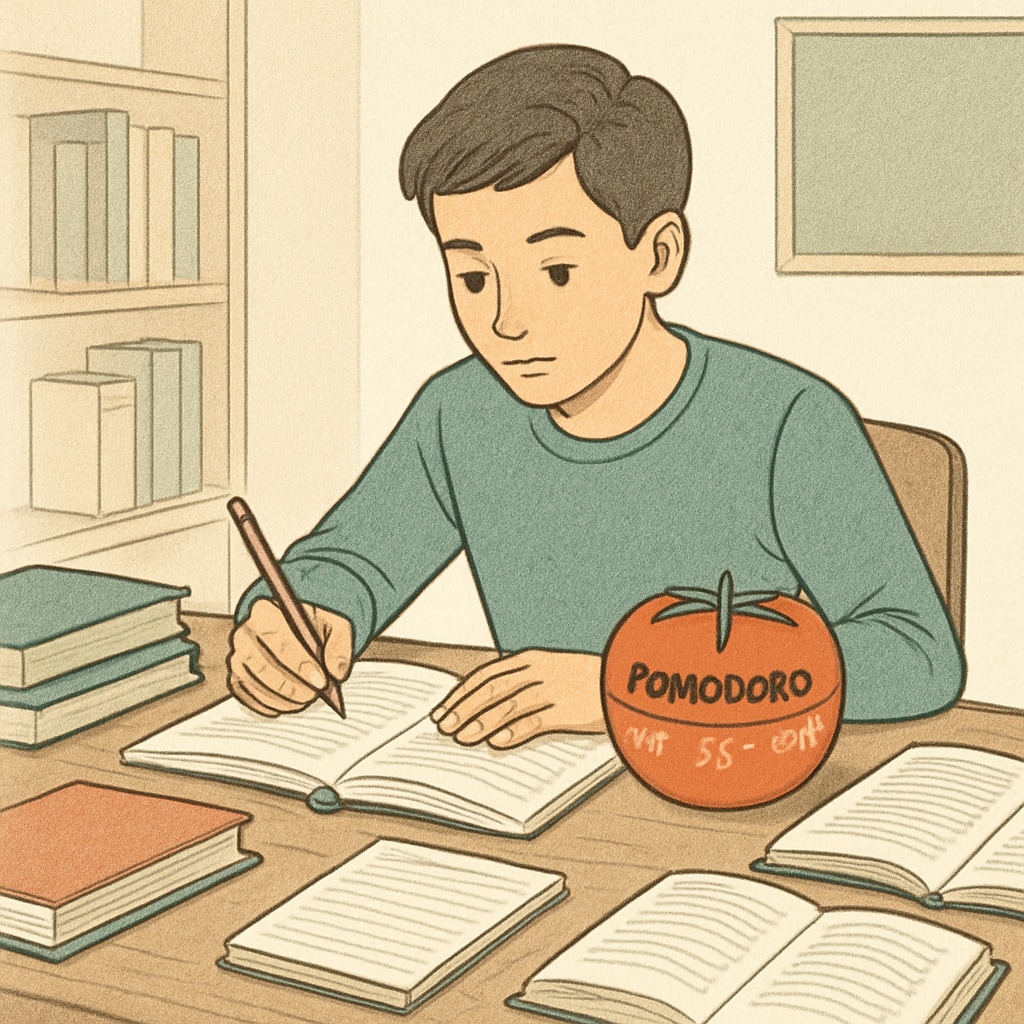 A student using the Pomodoro Technique, with a timer and study materials on a desk, demonstrating focused study methods. Student applying Pomodoro Technique for physics exam preparation