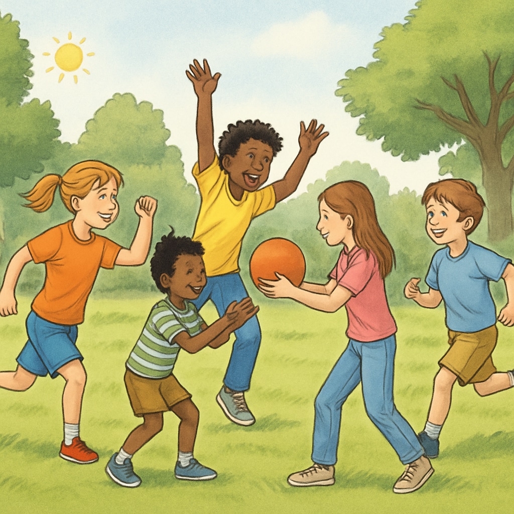 A group of children playing outdoors, engaging in activities without the use of digital devices, emphasizing real-world social interaction. Children playing outdoors to highlight the importance of face-to-face interactions over technology use.
