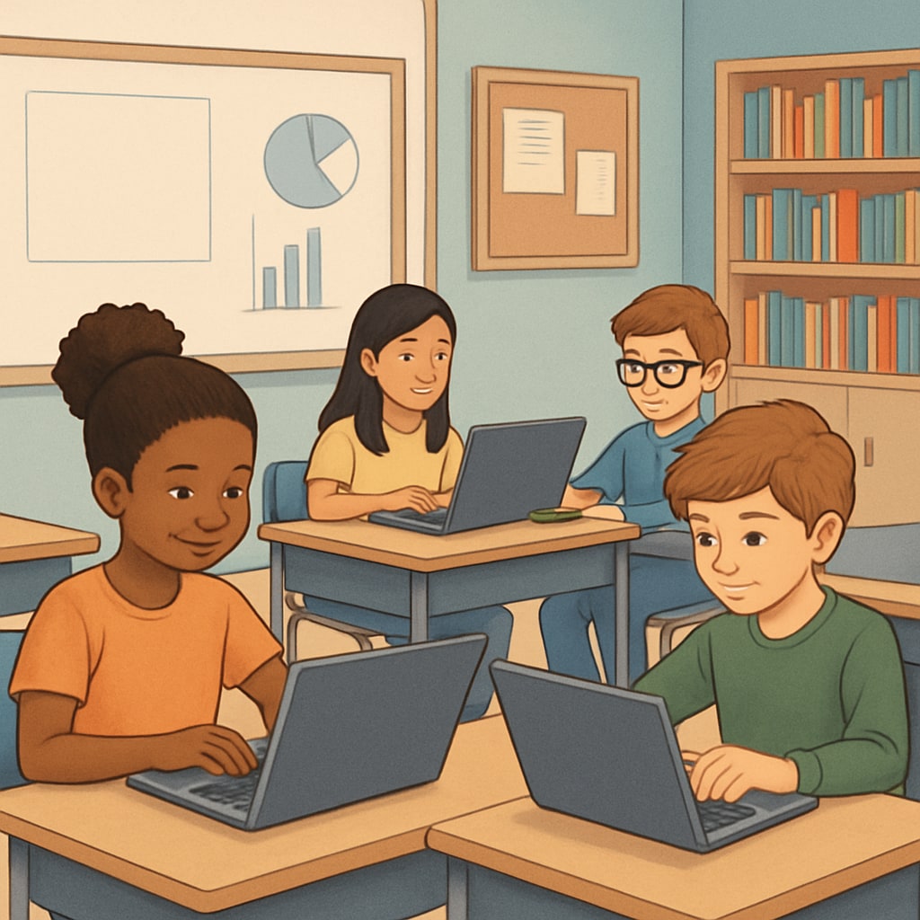 Students using laptops in a classroom for personalized learning, showcasing academic support.