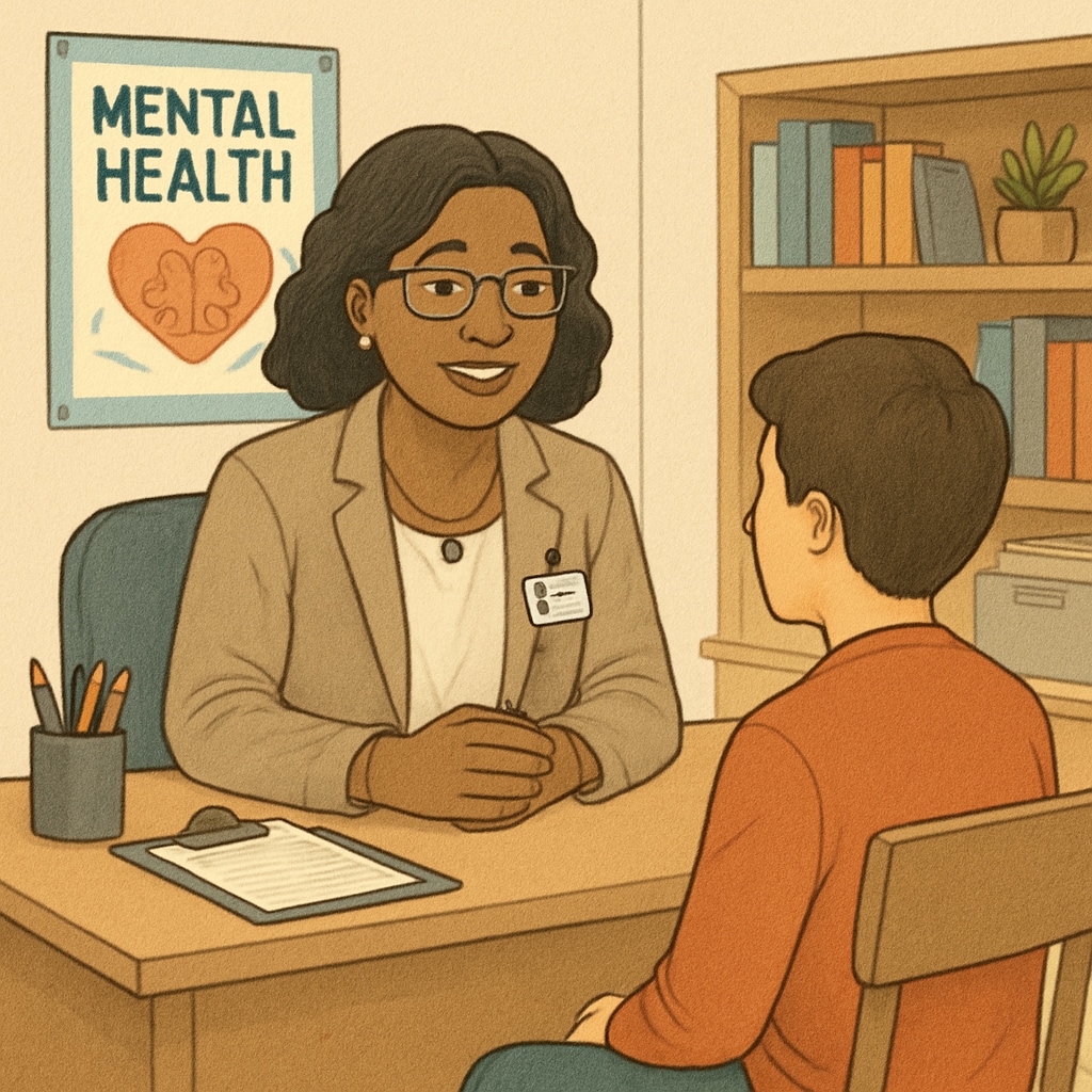 A school counselor and student in conversation, emphasizing emotional well-being in K12 settings.
