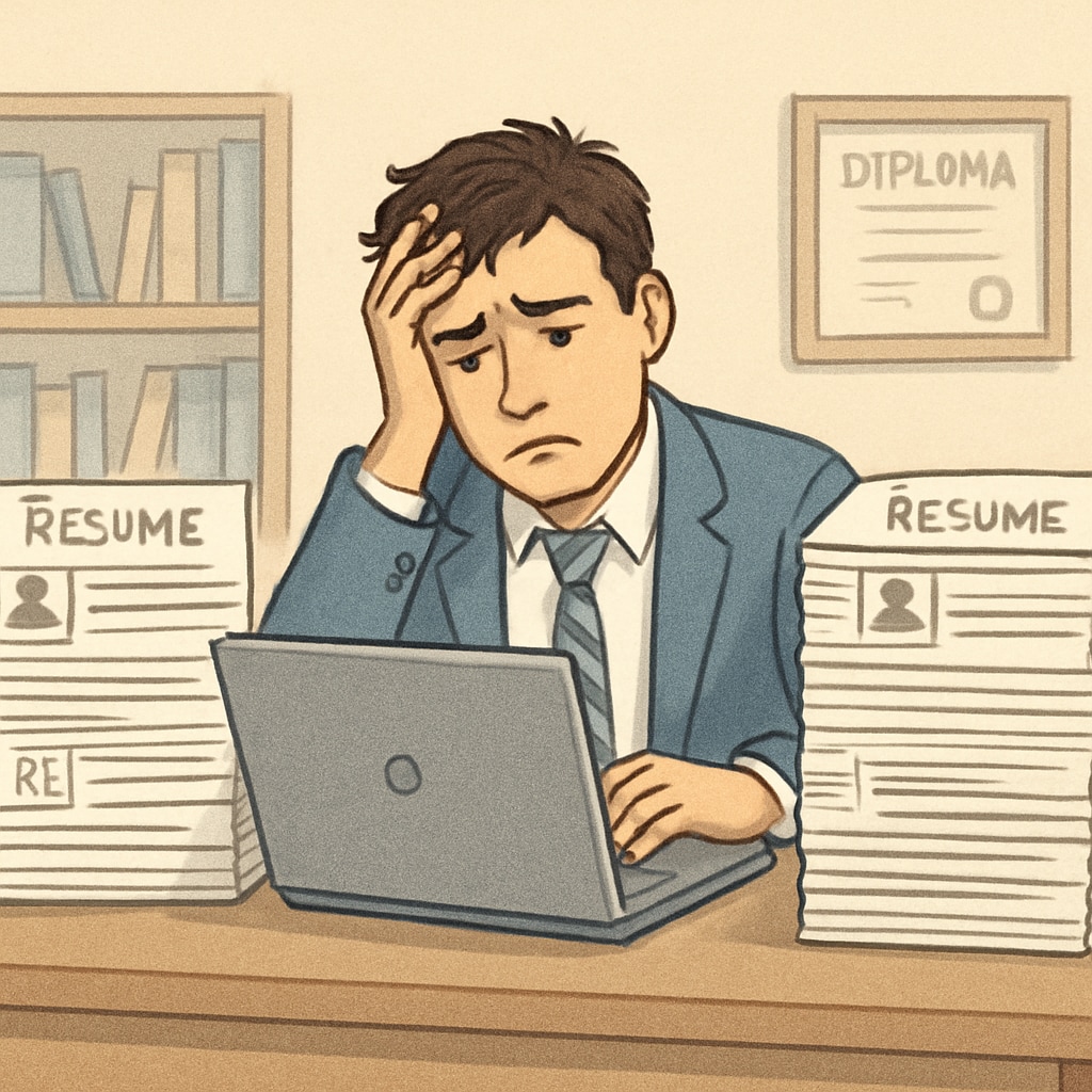 A frustrated job seeker sitting in front of a laptop surrounded by stacks of resumes, symbolizing the struggle between academic achievements and employment opportunities. Job seeker struggling between academic achievements and employment opportunities.
