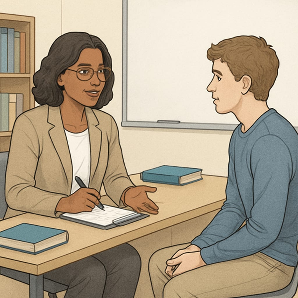 A counselor assisting a student individually to address behavioral issues.