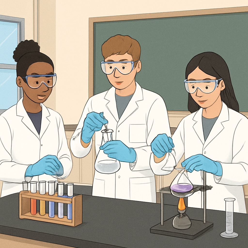 A chemistry lab in a school setting, emphasizing safety equipment like goggles and gloves, relevant to STEM education and lab safety. Chemistry lab with safety equipment, highlighting lab safety in STEM education.