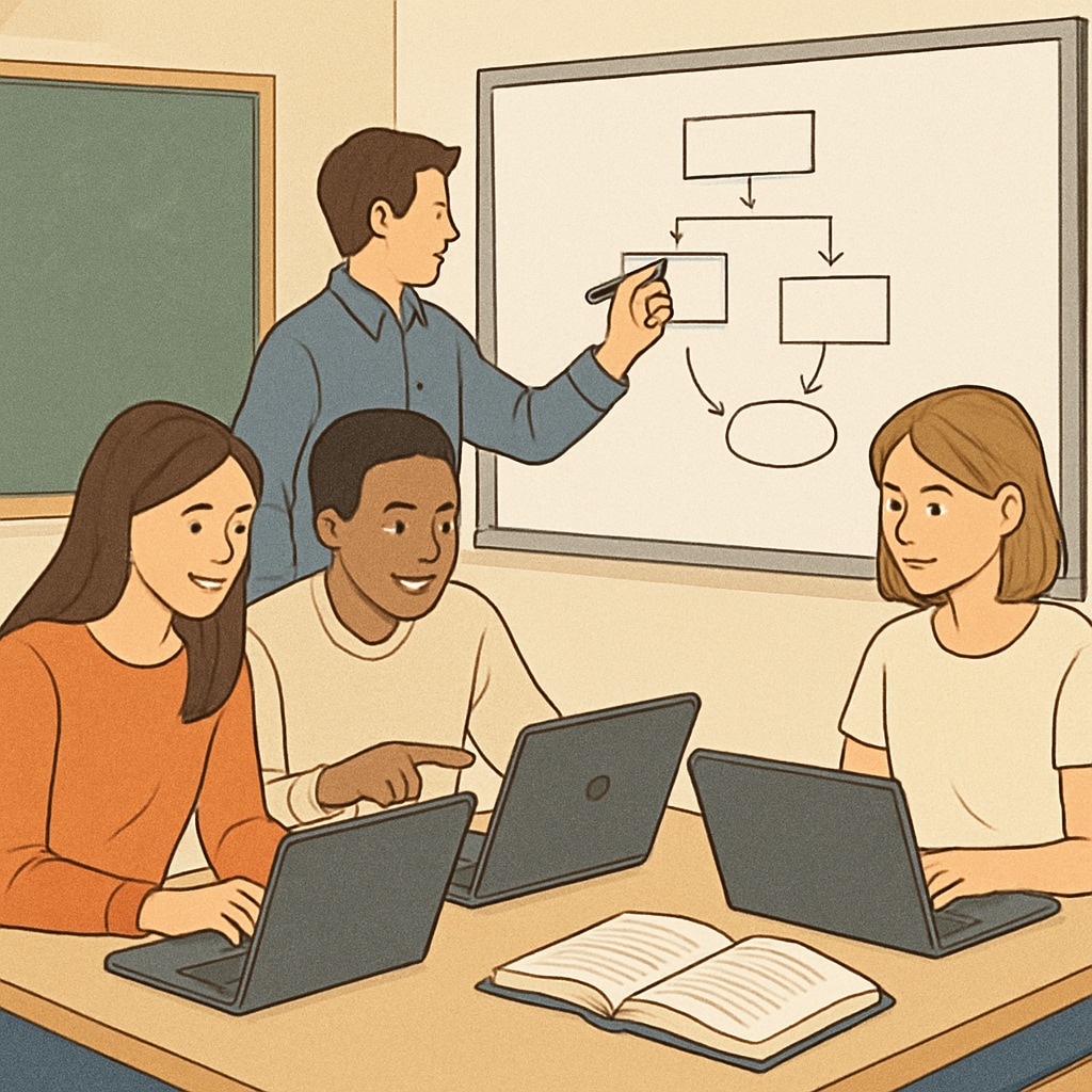 A classroom setting where students collaborate on a project using laptops and whiteboards, symbolizing modern education strategies that emphasize practical skills. Students collaborating in a modern classroom emphasizing practical skills.