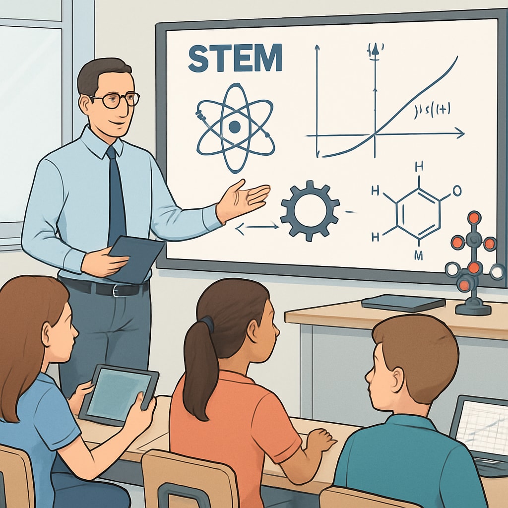 A teacher explaining a STEM concept to students in a classroom equipped with modern technology, symbolizing modern educational practices. STEM teacher using technology to teach students, representing professional ideals.