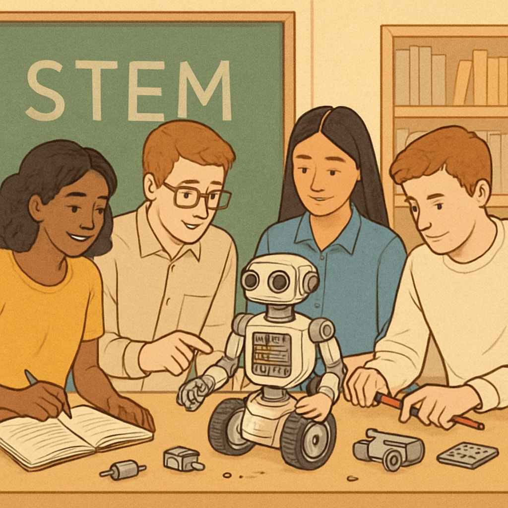 University students working on a robotics project, showcasing the integration of STEM and hands-on learning. University students collaborating on robotics, illustrating AI and STEM-focused education.