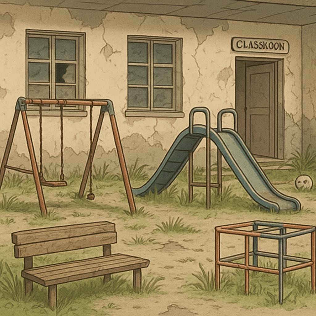 A neglected school playground or classroom showing signs of wear and poor maintenance. An example of potential warning signs in public school facilities.