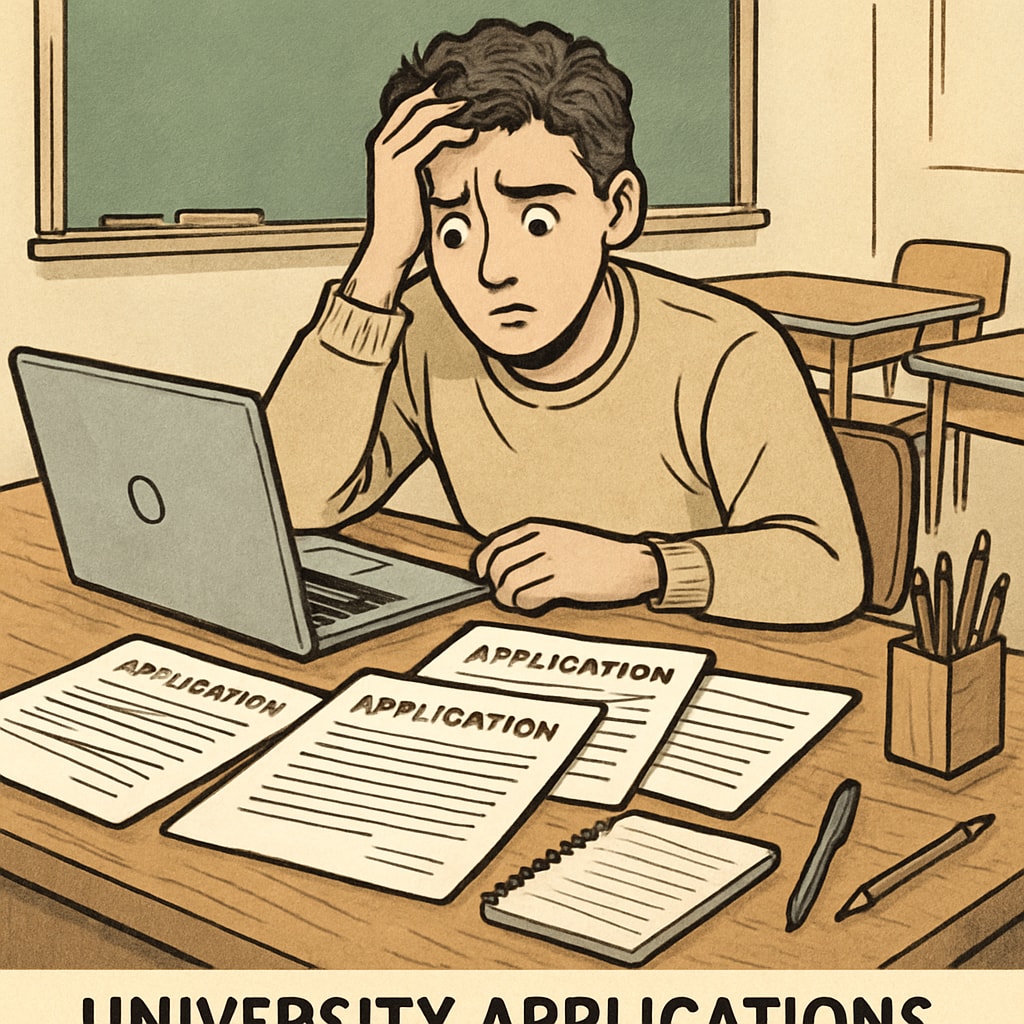 A stressed freshman working on a university application.