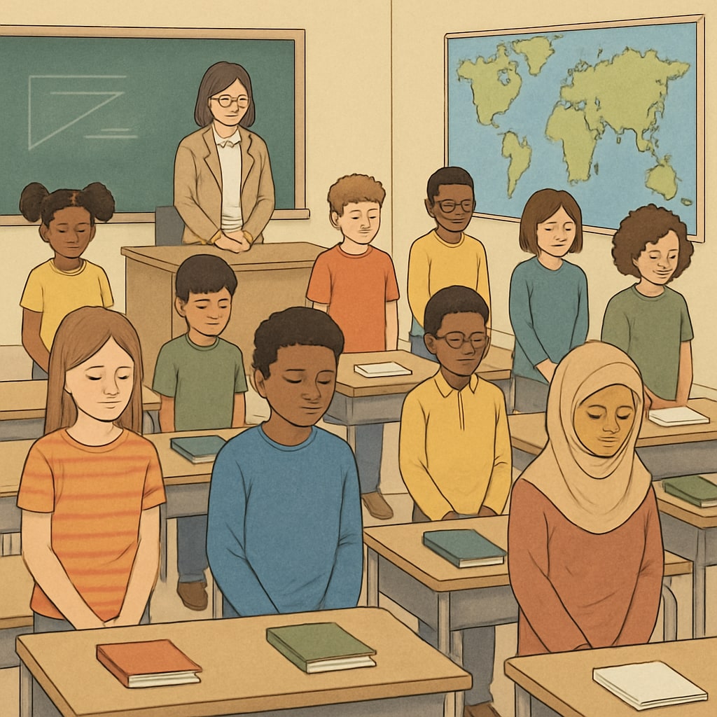 A classroom of students observing a moment of silence, symbolizing respect for victims of global conflicts. Students in a classroom observing silence for war victims