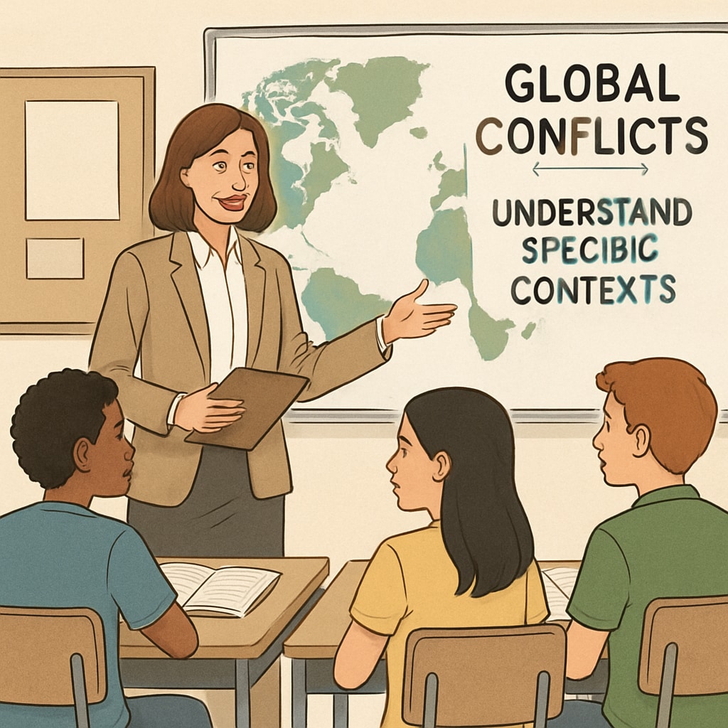 An illustration of a teacher discussing global conflicts with students, focusing on the importance of understanding specific contexts. Teacher explaining global conflicts and their contexts to students