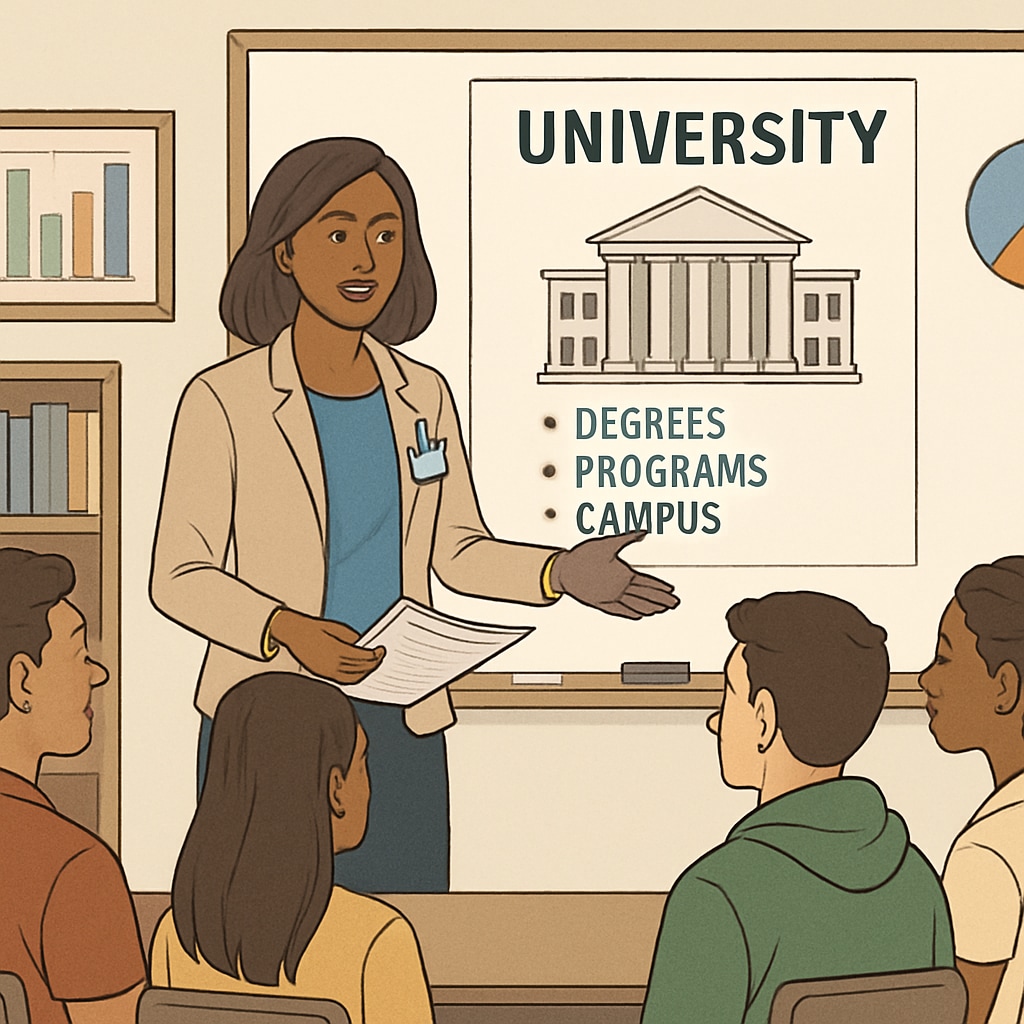 A counselor helping freshmen with university application advice.