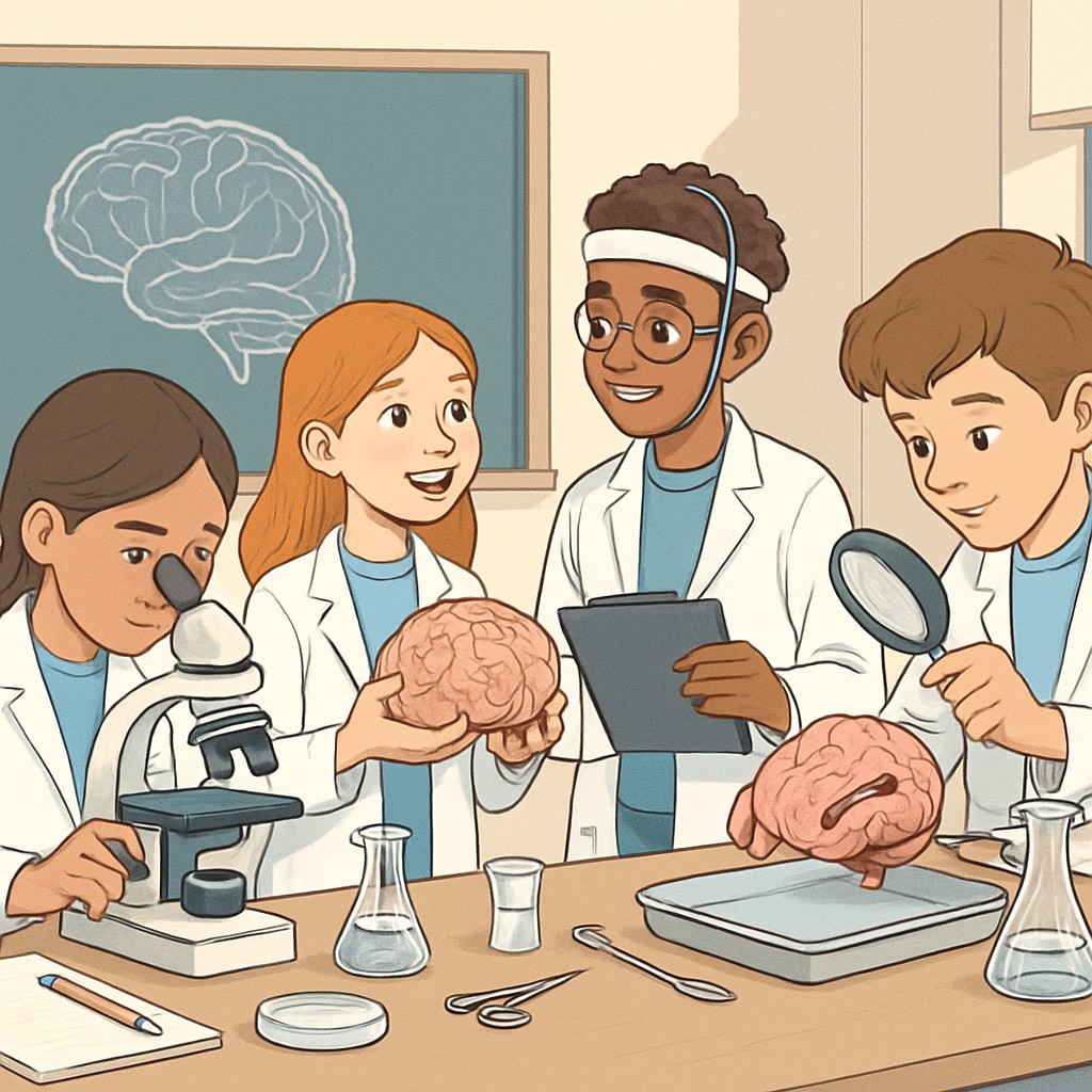 A group of gifted students engaging in hands-on neuroscience experiments in a classroom setting. Gifted students exploring neuroscience-related activities to enhance learning.