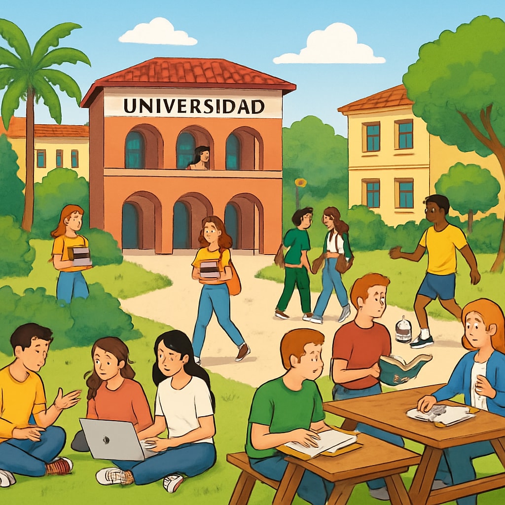 A bustling Spanish university campus, with students engaging in collaborative study sessions and outdoor activities. Spanish university campus with students studying together, highlighting cultural adaptation.