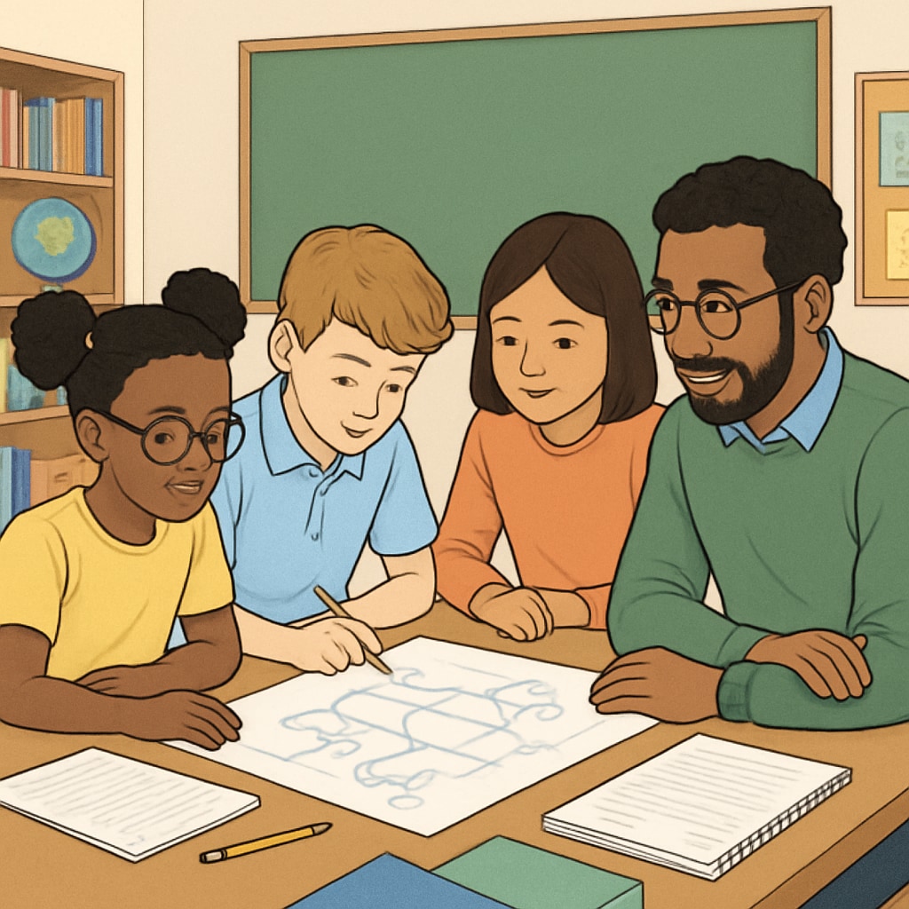A classroom of diverse students working together on a project, symbolizing inclusiveness and collaboration. Diverse students collaborating in a classroom project, promoting inclusiveness.