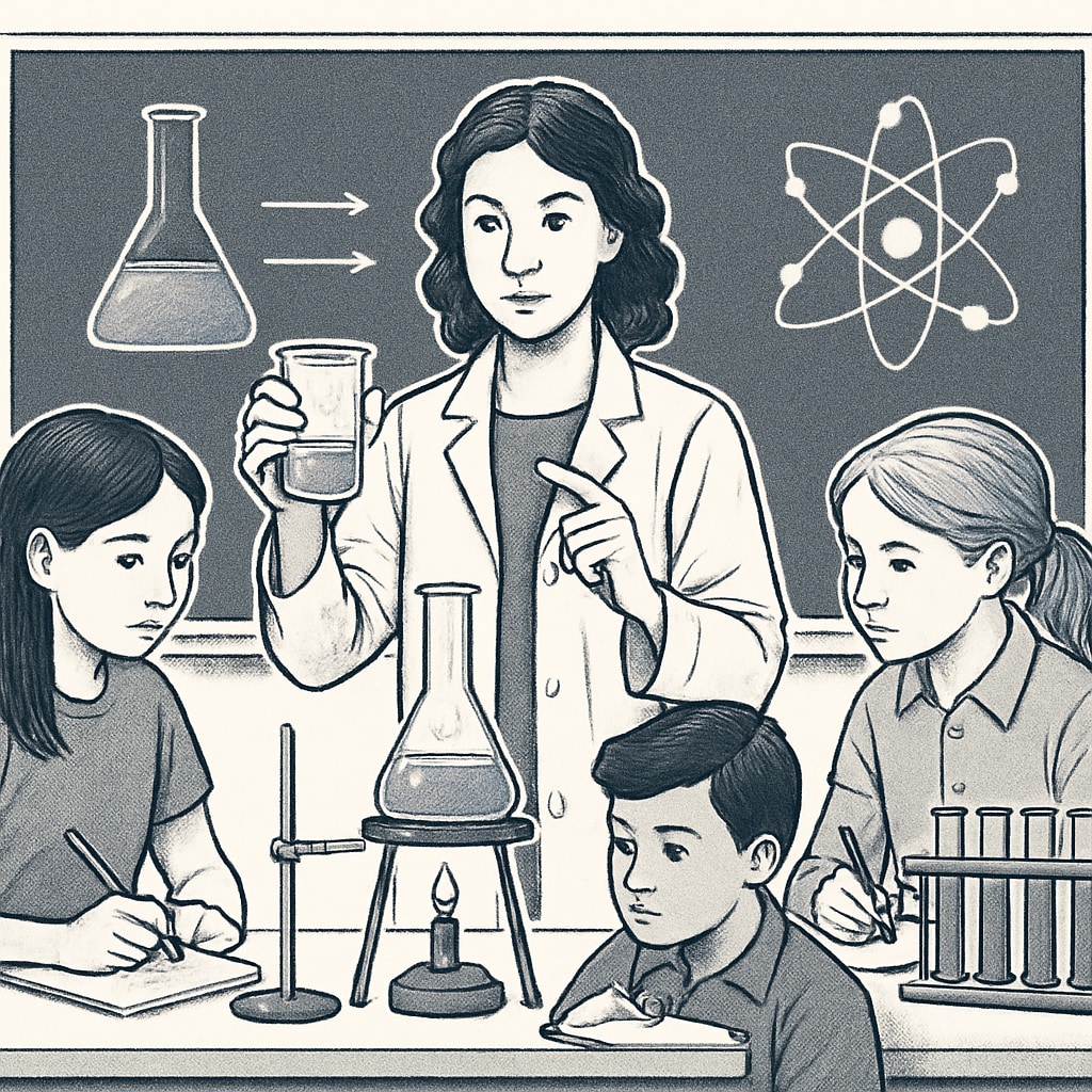 A teacher guiding students through a science experiment, emphasizing critical thinking and inquiry-based learning. A teacher assisting students with a science experiment, showcasing critical thinking.