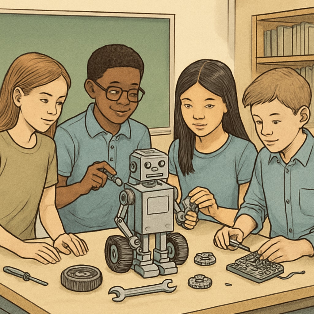 A group of K12 students assembling a simple robot during a classroom workshop. K12 students working on a robot assembly project in a beginner-friendly robotics course.