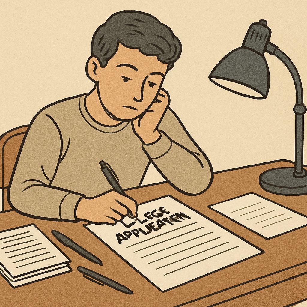 A student sitting at a desk, thoughtfully filling out a college application form. A student filling out a college application form, symbolizing the importance of integrity in the admissions process.